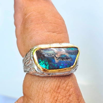 "SCIENCE!" Size 9 Ring - Boulder Opal, Sterling, 18k