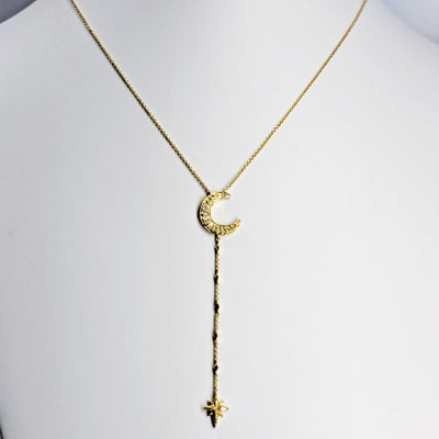 "Lucky Stars" 16" - 18" Necklace  - Zircon Pave, 14k Gold, Wishbone "Y" Shape