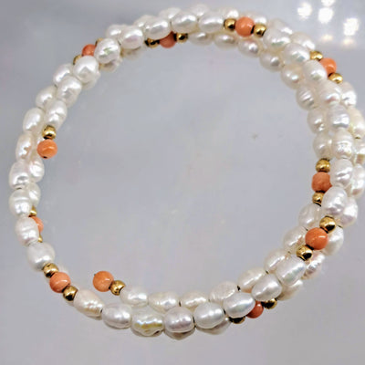 "Angel Food" Free Size Bracelet - Pearls, Coral, 14K Gold