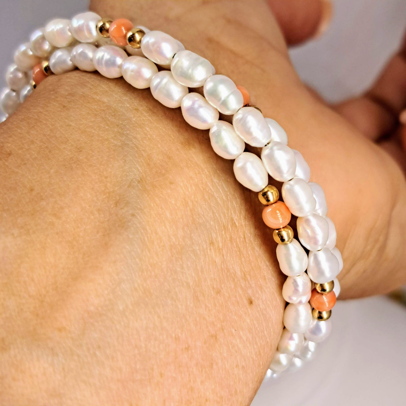 "Angel Food" Free Size Bracelet - Pearls, Coral, 14K Gold