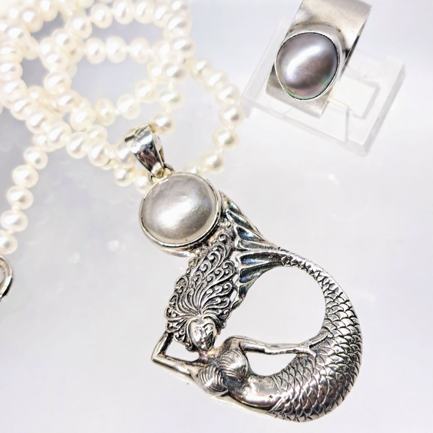 "Mabe' I'm A Mermaid!" 2" Pendant 18" Necklace -Pearls, Sterling
