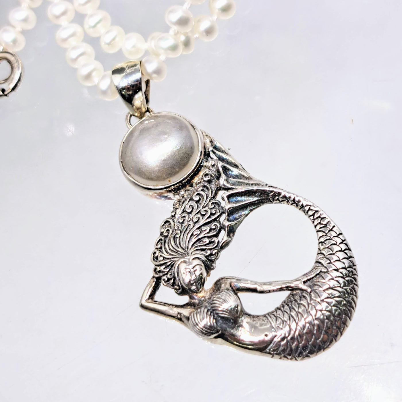 "Mabe' I'm A Mermaid!" 2" Pendant 18" Necklace -Pearls, Sterling