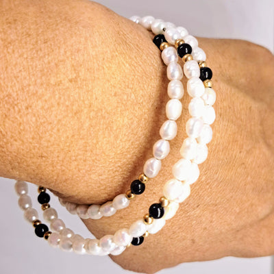 "Black & White Angel Food" Free Size Bracelet - Pearls, Onyx, 14K Gold