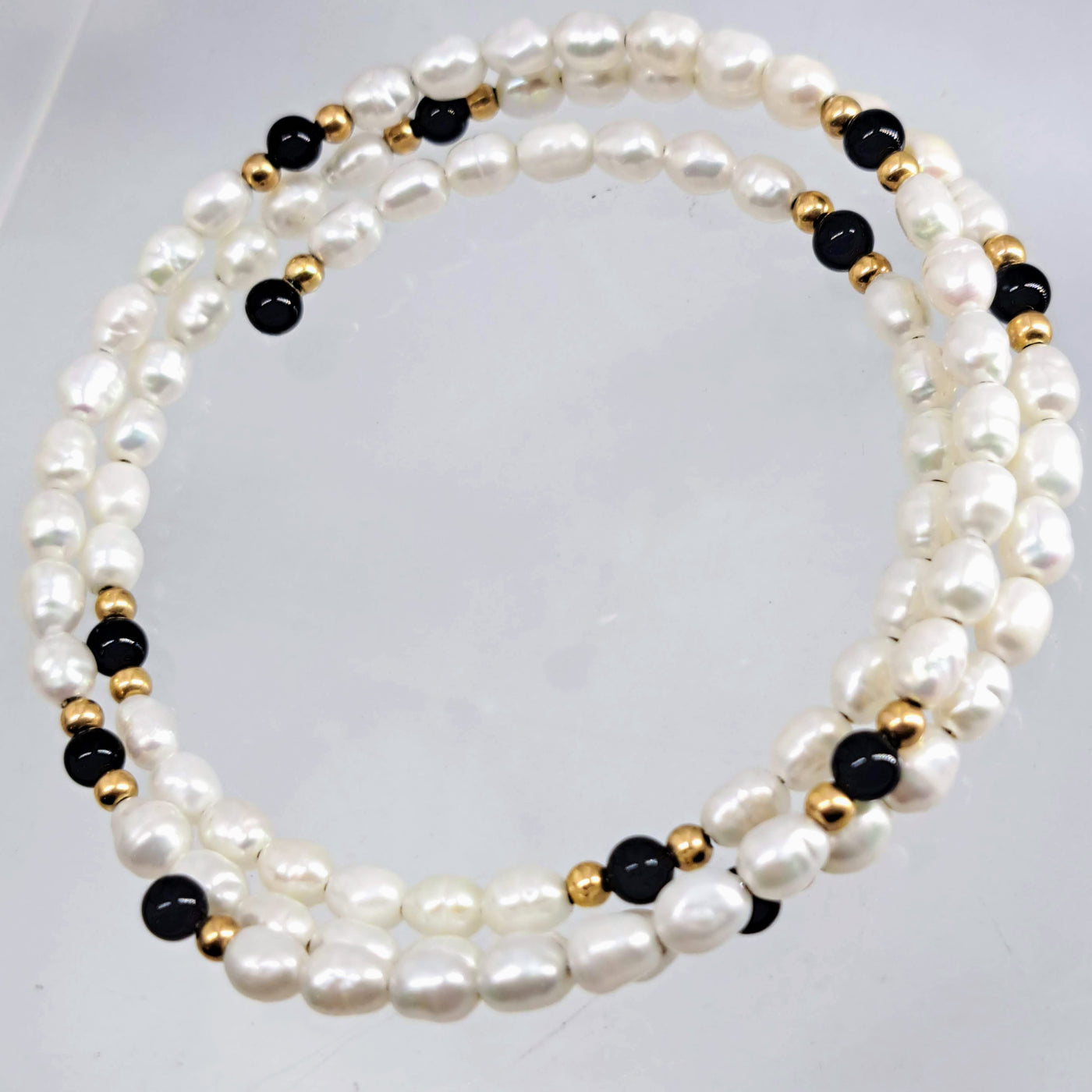 "Black & White Angel Food" Free Size Bracelet - Pearls, Onyx, 14K Gold