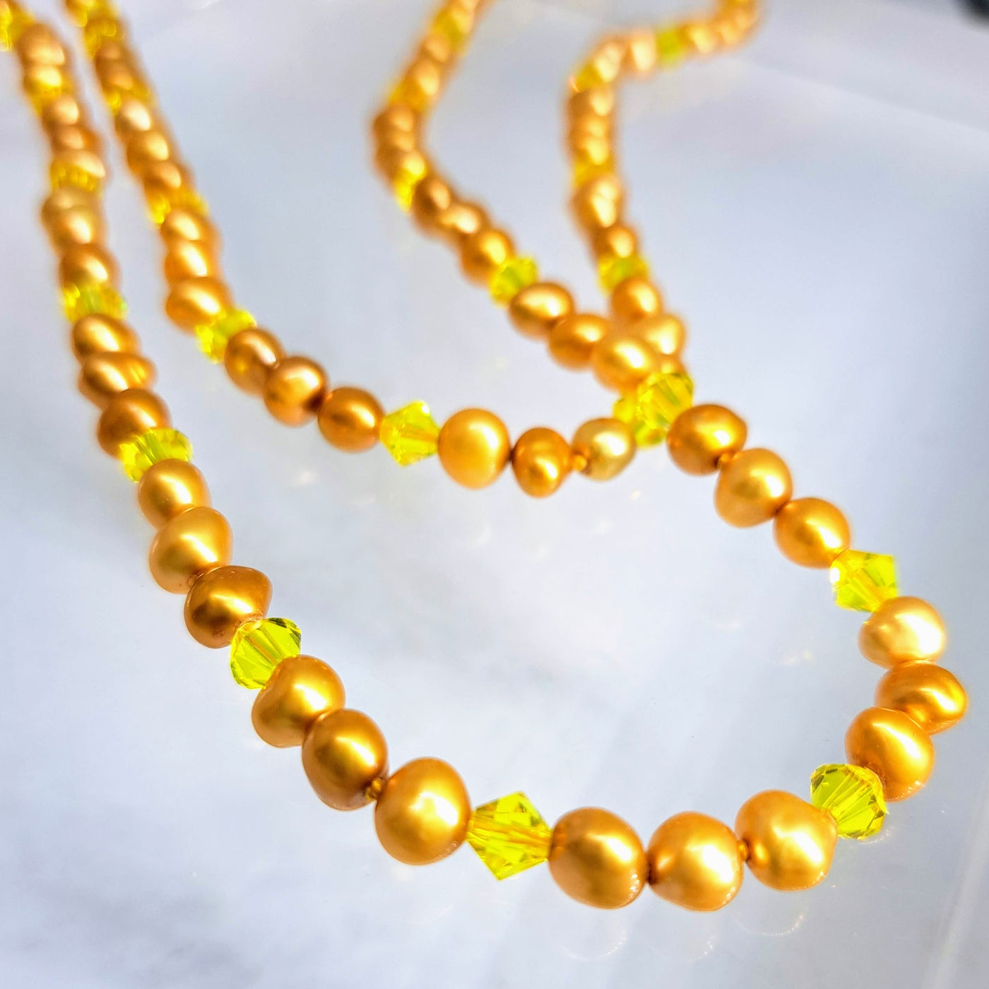 "Gold Drops" Necklace - Golden Pearls, Swarovski Crystals