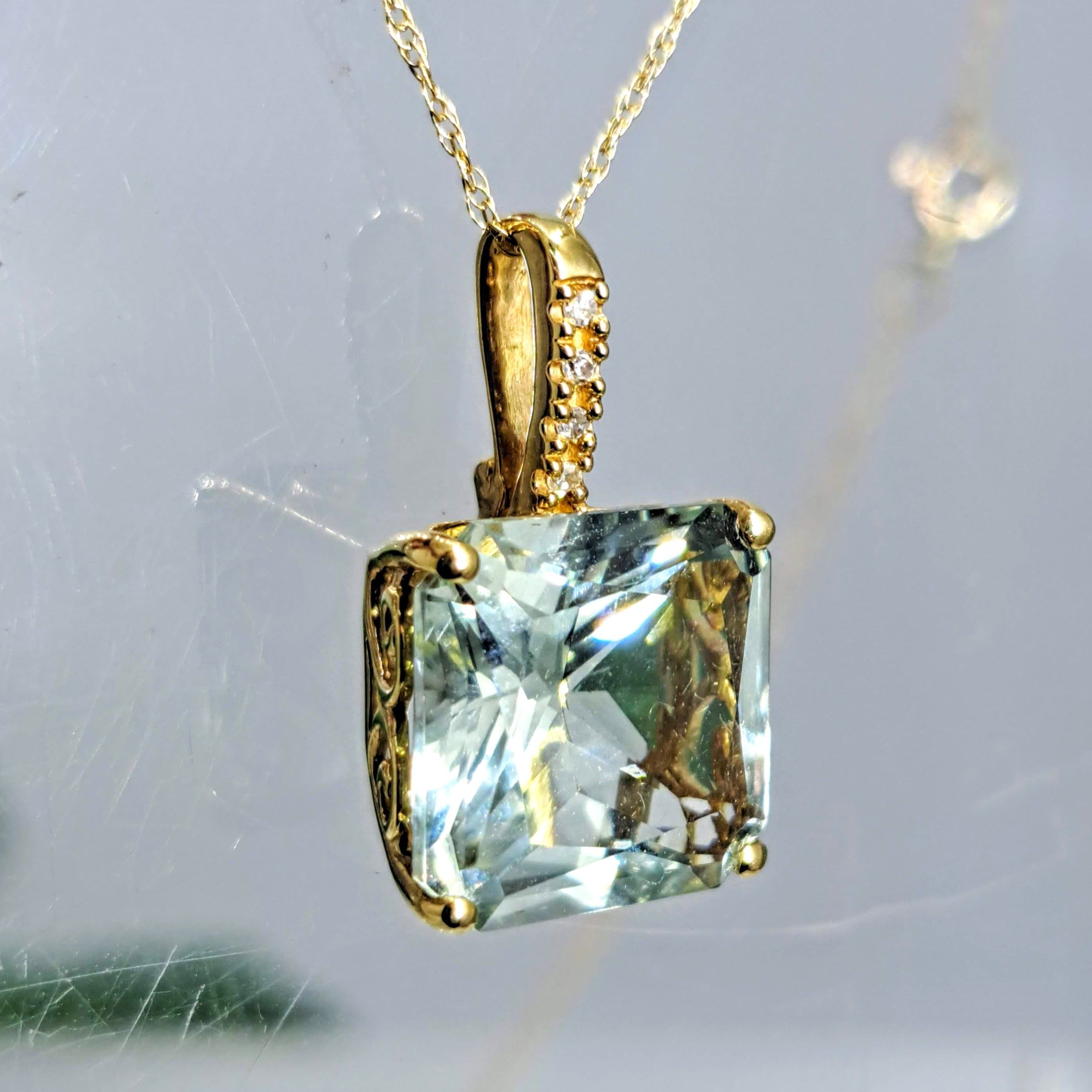 "Seafoam Sweetheart" Pendant Necklace Prasiolite, Diamonds,14k gold Key West Local Luxe Jewelry