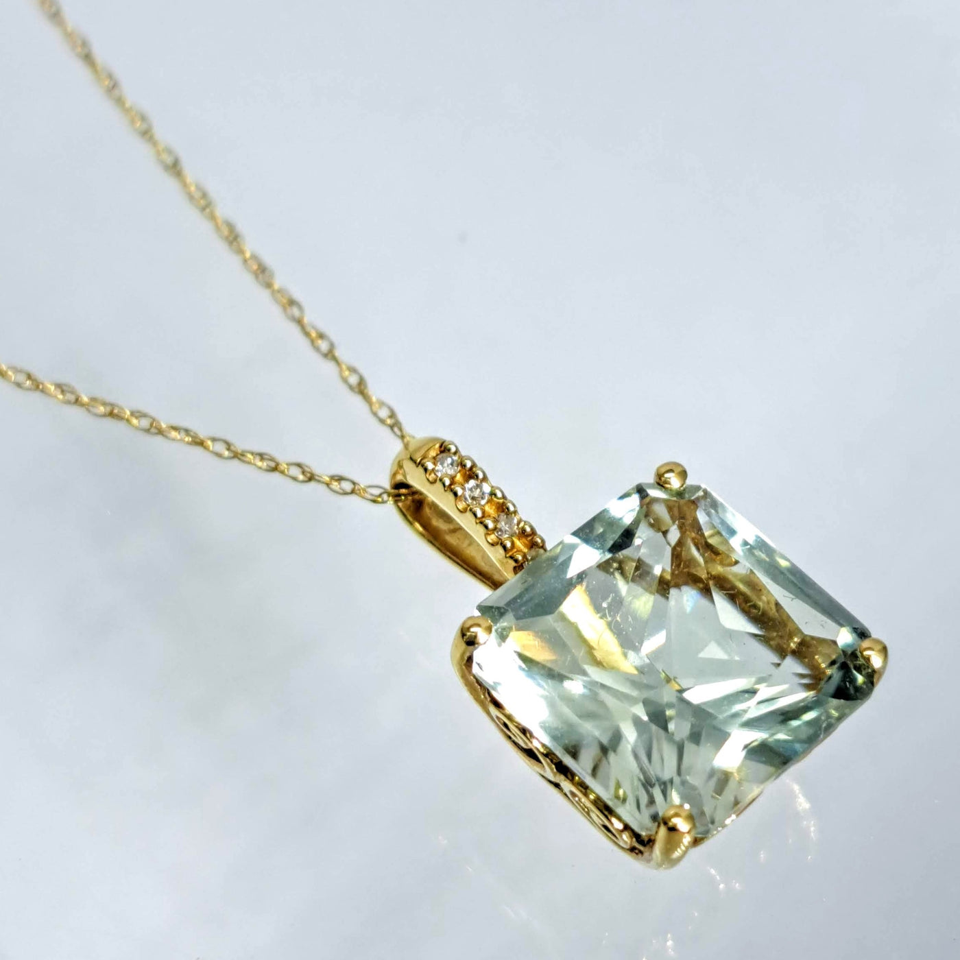 "Seafoam Sweetheart" 1" Pendant Necklace - Prasiolite, Diamonds, 14k gold