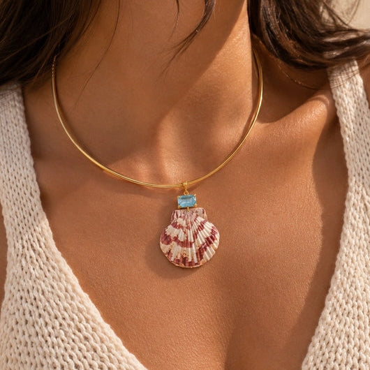 "Key West Vacation" 16" - 18" Necklace - Golden Topaz Crystal, Shell, 18k Gold PVD Bar Choker