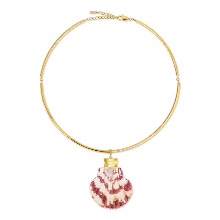 "Key West Vacation" 16" - 18" Necklace - Golden Topaz Crystal, Shell, 18k Gold PVD Bar Choker