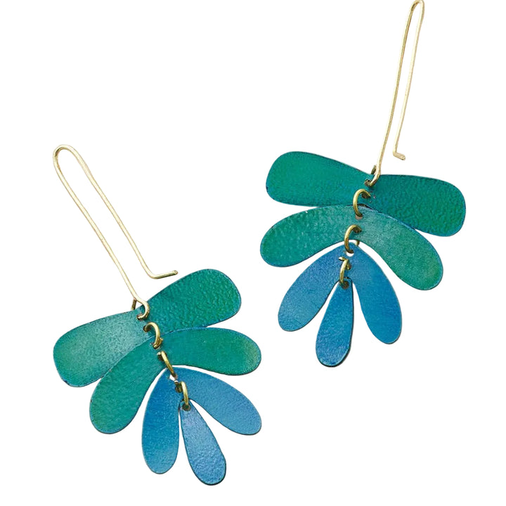 "Fern" 3" Dangling Leaf Earrings - Teal Patina