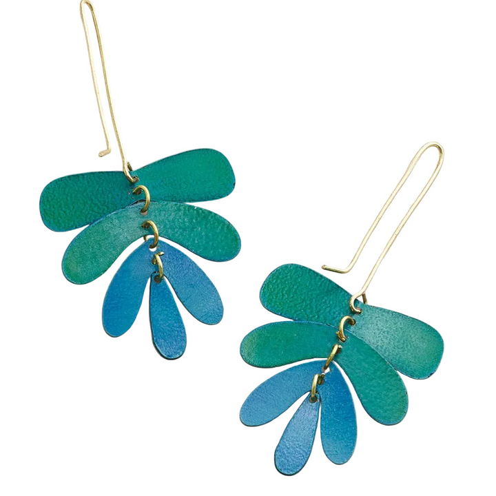 "Fern" 3" Dangling Leaf Earrings - Teal Patina