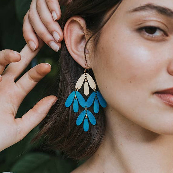 "Frondelettes" Chandelier Earrings - Teal Patina, Gold Petals