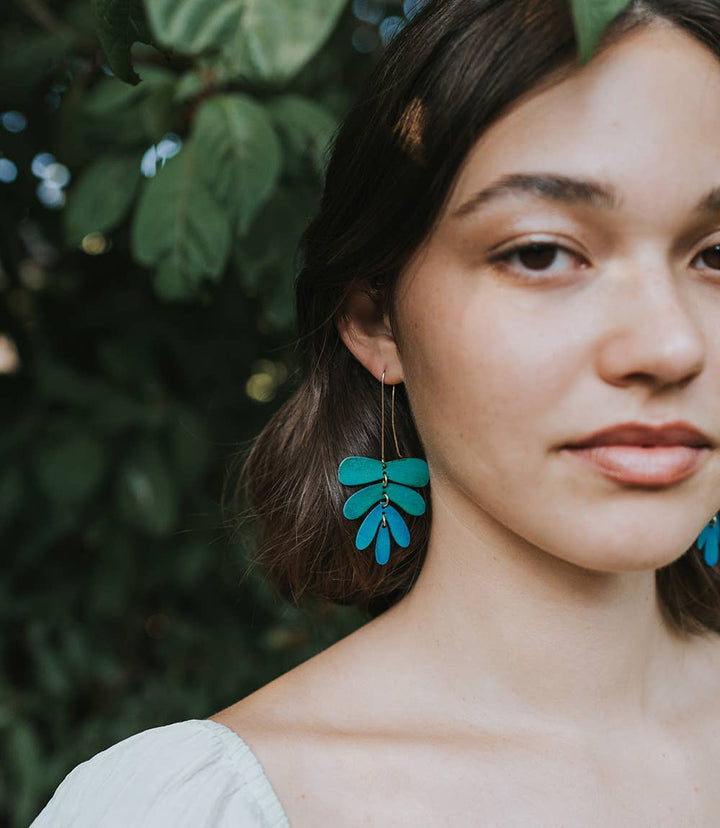 "Fern" 3" Dangling Leaf Earrings - Teal Patina
