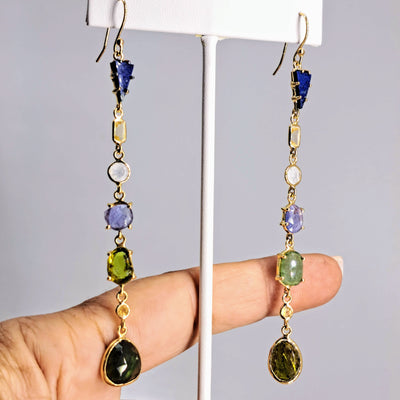 "Shoulder Dusters" 4" Earrings - Mixed Gems, Sterling or Gold Sterling