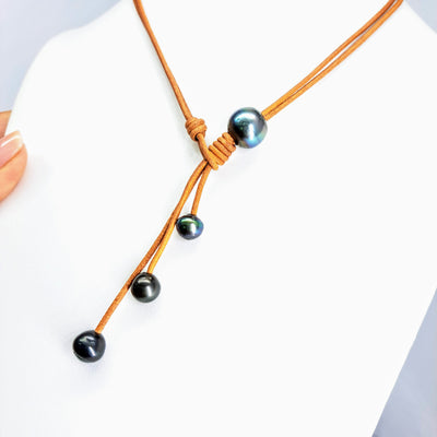 "The 4 Way" Convertible Necklace/Bracelet - Tahitian Pearls on Black, Chocolate, OR Un-Tanned Leather