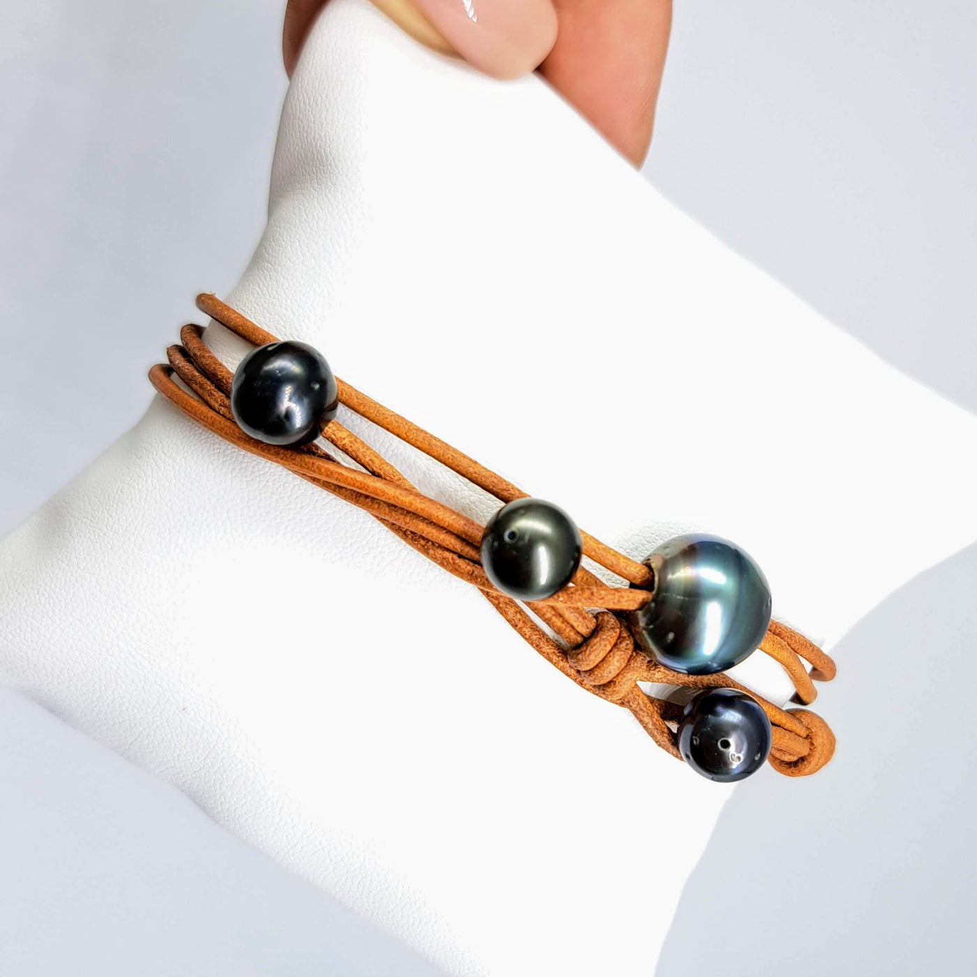 "The 4 Way" Convertible Necklace/Bracelet - Tahitian Pearls on Black, Chocolate, OR Un-Tanned Leather