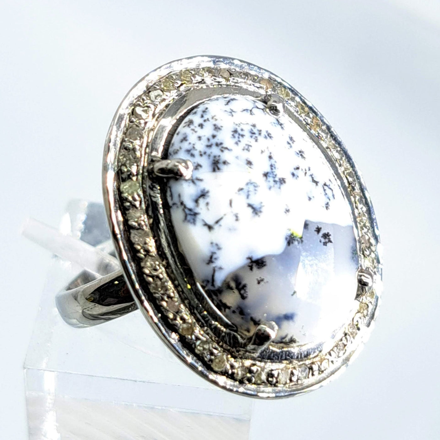 "Black & White #3" Sz 7 Ring Dendritic Opal, Diamond, Black Sterling