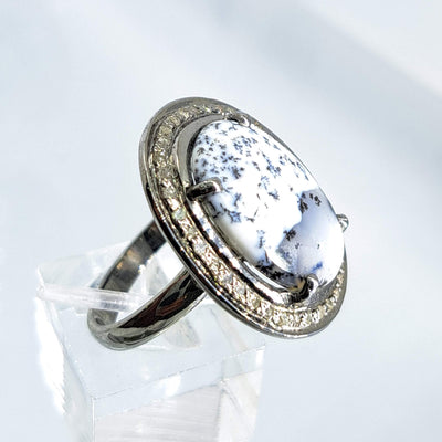 "Black & White #3" Sz 7 Ring Dendritic Opal, Diamond, Black Sterling