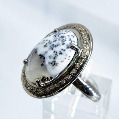 "Black & White #3" Sz 7 Ring Dendritic Opal, Diamond, Black Sterling
