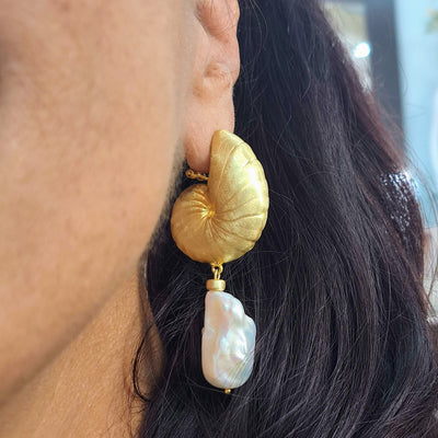 "Nauti-Baroque" 3" Earrings - Baroque Pearl, Gold Sterling