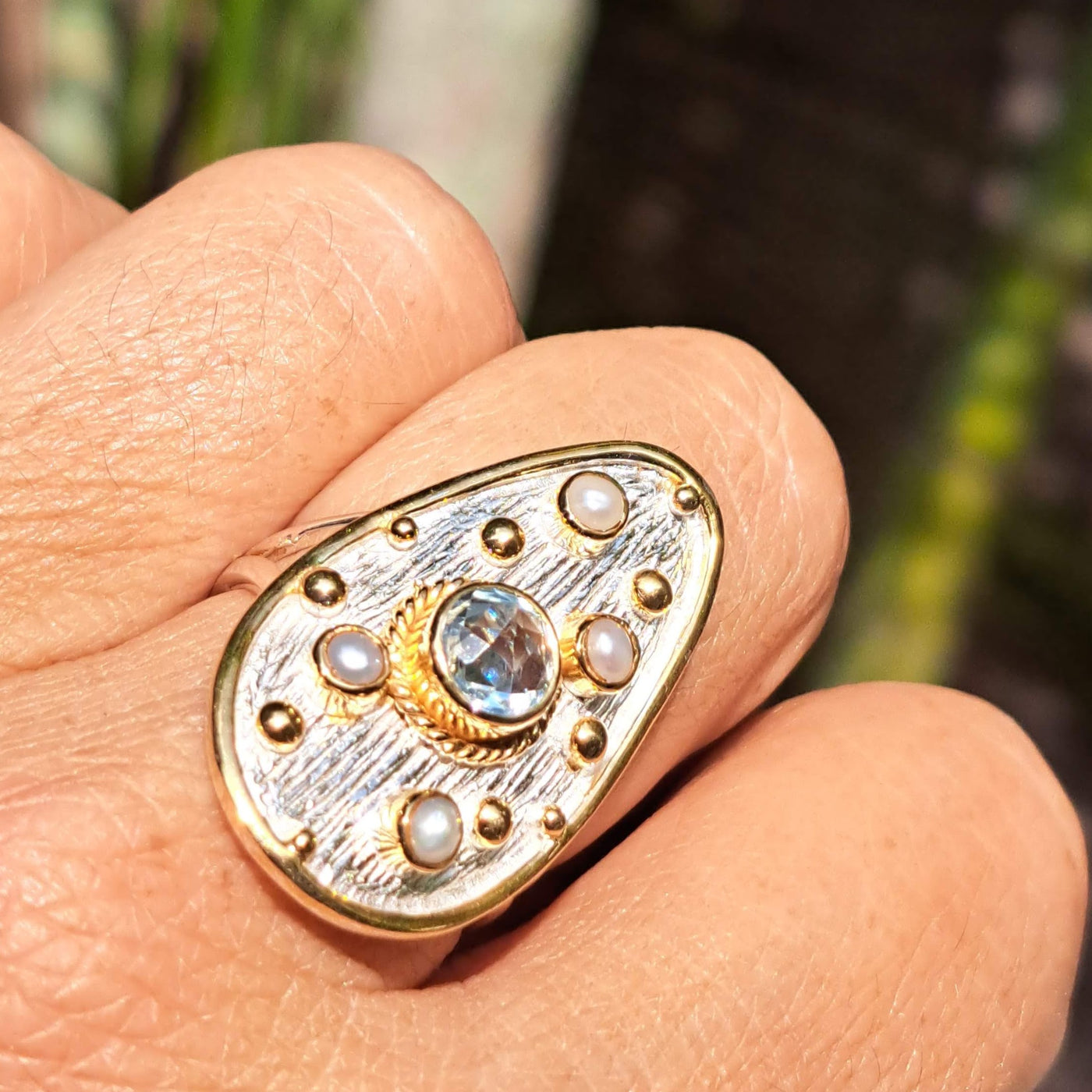 "Power Shield" Sz 9 Ring - Topaz, Pearl, Sterling, 18k Yellow Gold