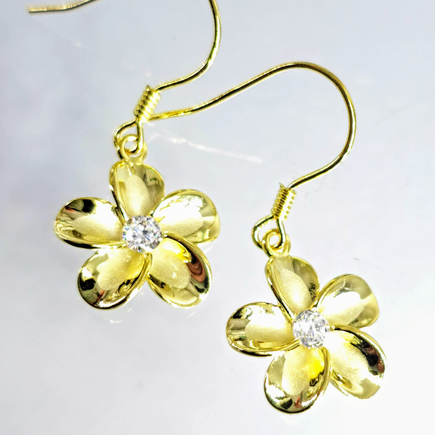 "Key West Frangipani" 1.25" Earrings - Anti-tarnish 18k Gold Sterling, or Sterling, Zircon Crystal