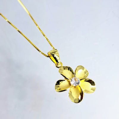 "Key West Frangipani" 18" Pendant Necklace - 18k Anti-tarnish Gold Sterling, Zircon Crystal