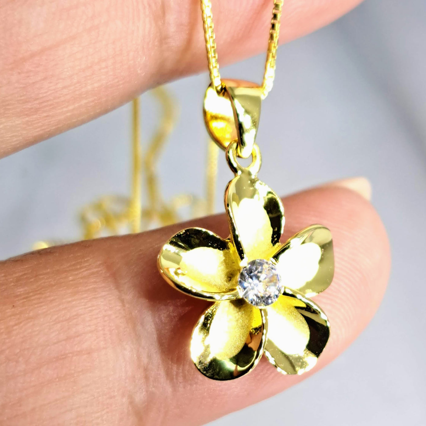 "Key West Frangipani" 18" Pendant Necklace - 18k Anti-tarnish Gold Sterling, Zircon Crystal