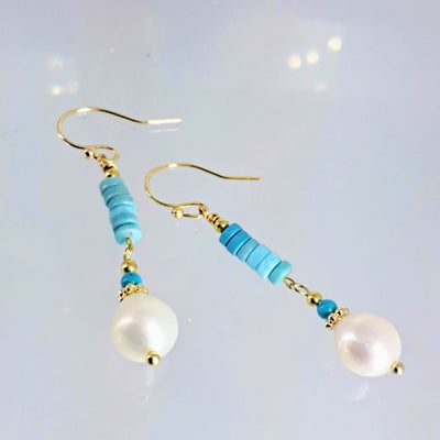 "Oceana" 2.25" Earrings - Larimar, Turquoise, Pearl, Gold Sterling