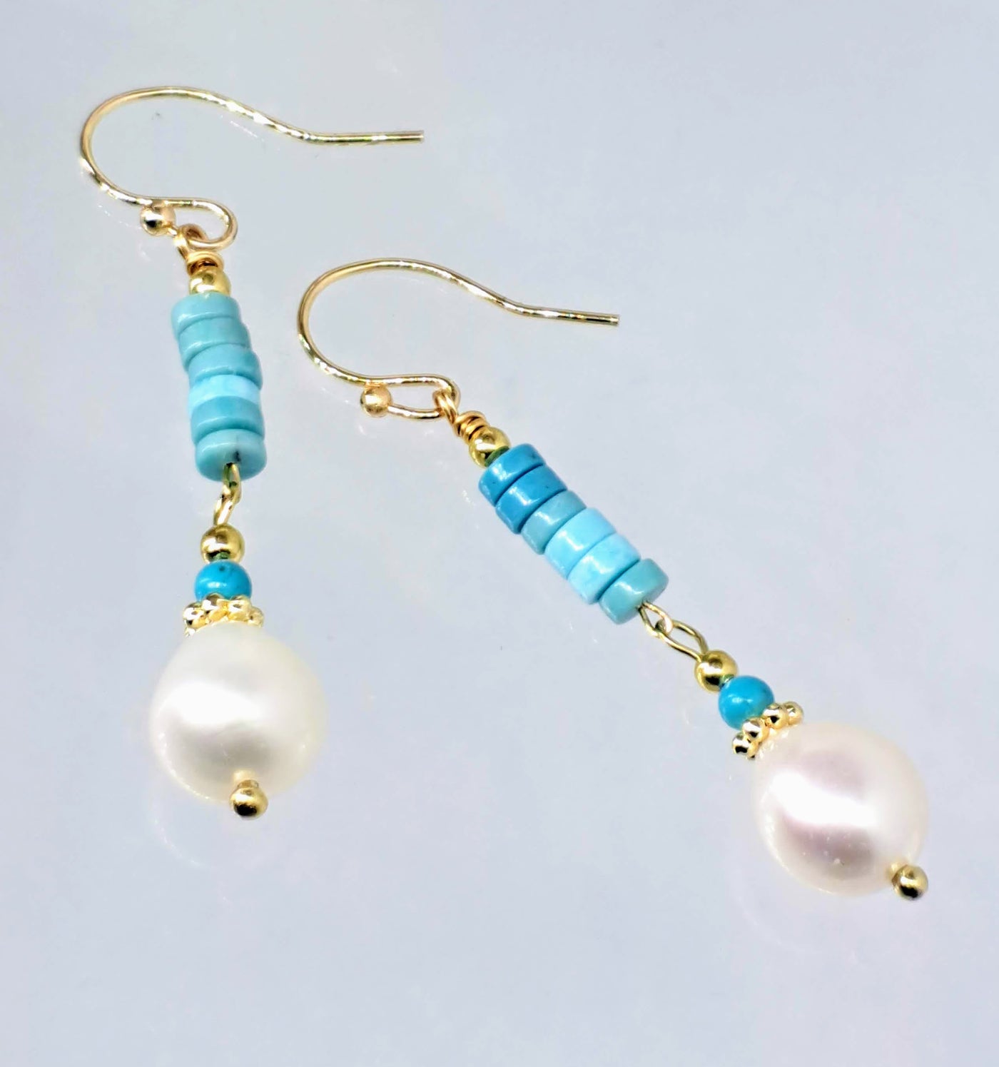 "Oceana" 2.25" Earrings - Larimar, Turquoise, Pearl, Gold Sterling