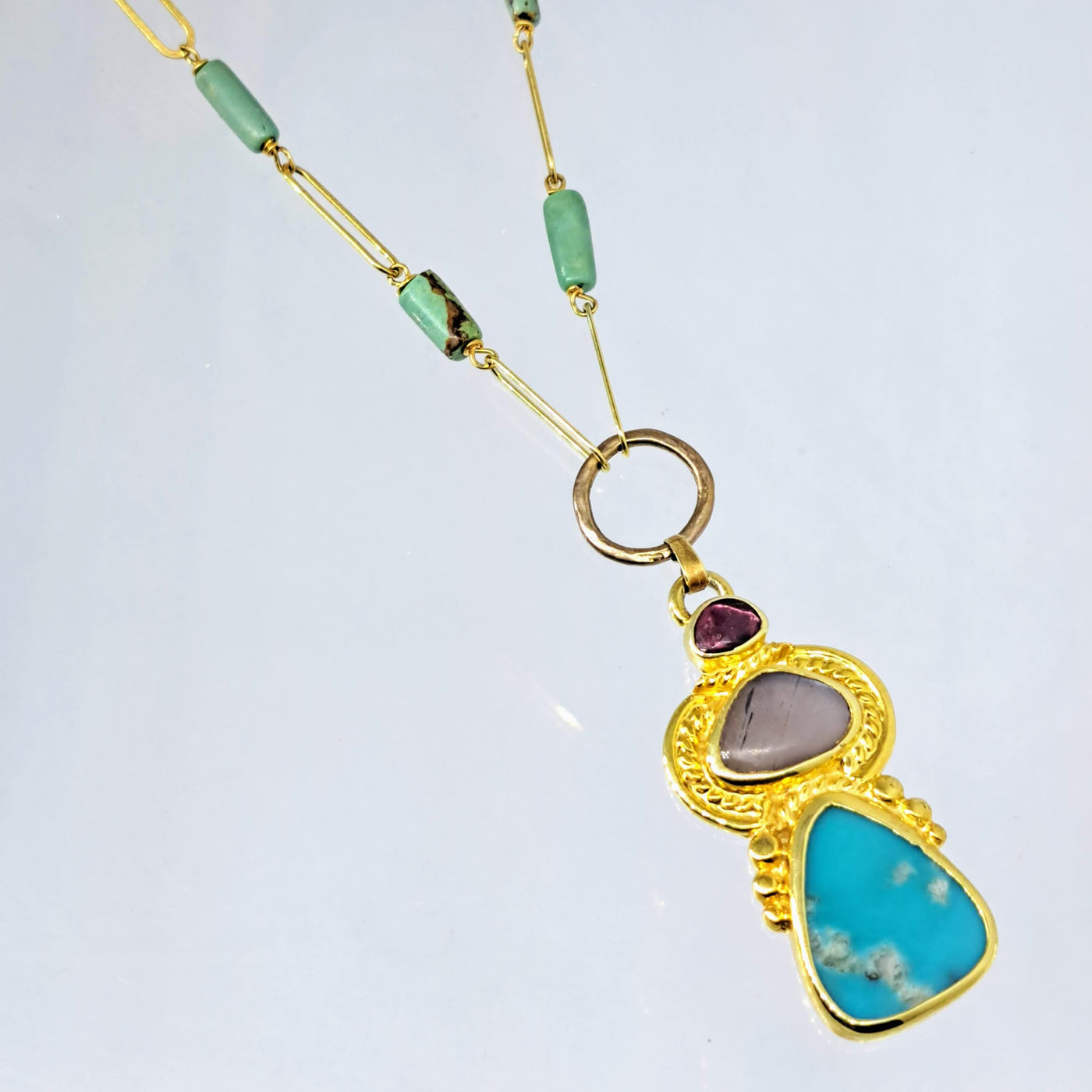 "Empress" 18" Necklace (2.25" Pendant) - Turquoise, Pink Tourmaline, Grey Moonstone, Gold Sterling