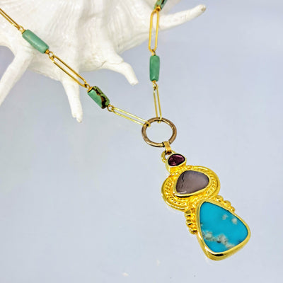 "Empress" 18" Necklace (2.25" Pendant) - Turquoise, Pink Tourmaline, Grey Moonstone, Gold Sterling