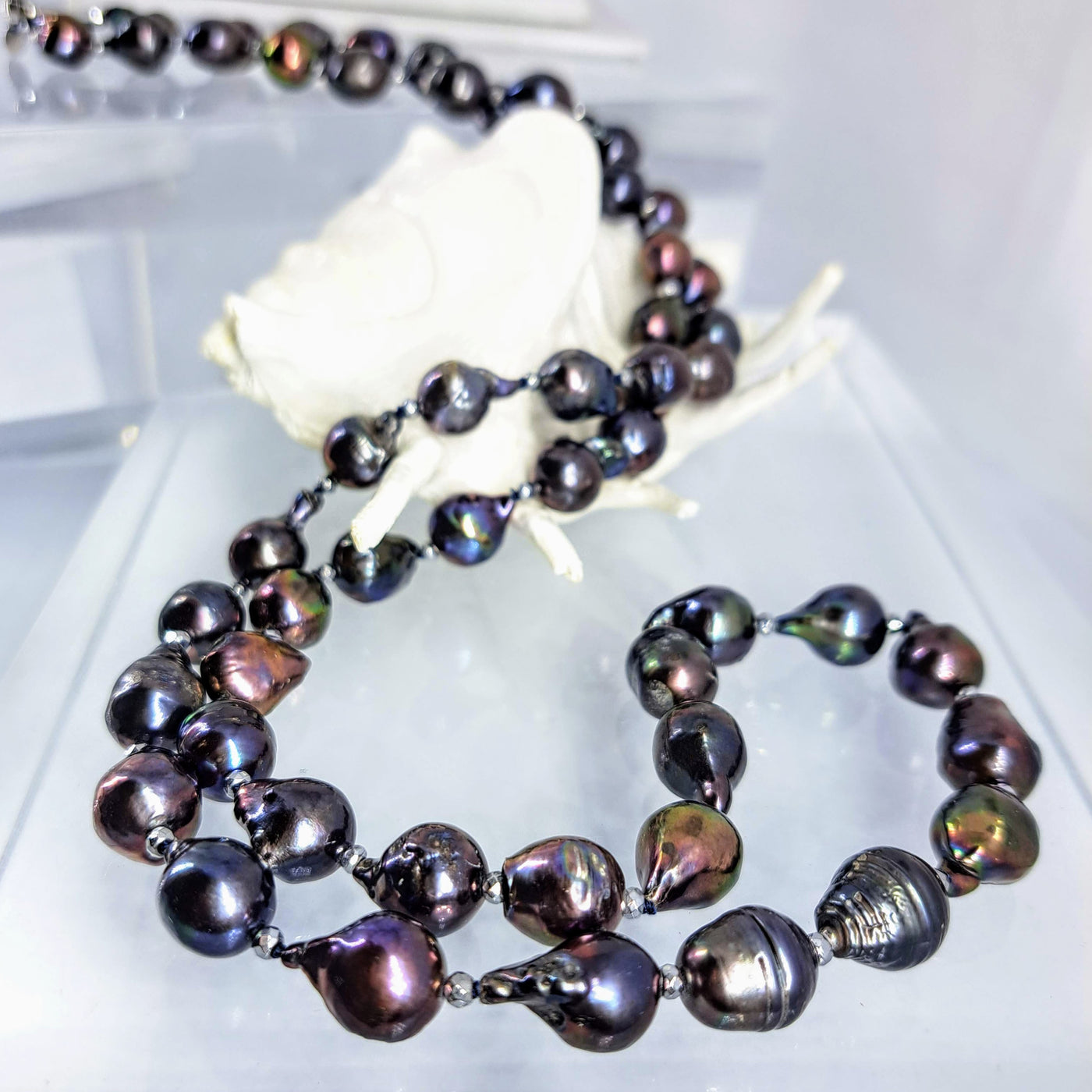 "Lady Peacock" 36" Necklace - Peacock Baroque Pearls, Hematite