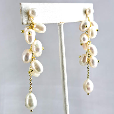 "Cluster-Fab" 2.75" Earrings - Pearls, Gold Sterling