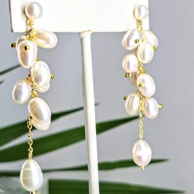 "Cluster-Fab" 2.75" Earrings - Pearls, Gold Sterling