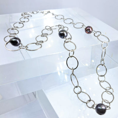 "The Ring" 28" Convertible Necklace - Peacock Baroque Pearls, Sterling