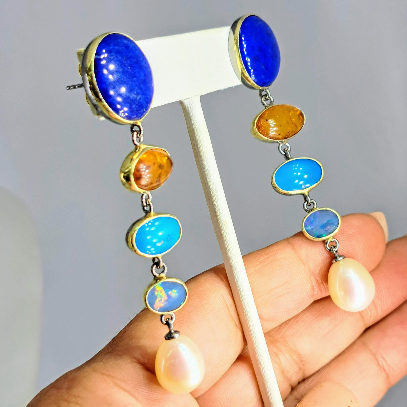 "Sunset" 3" Earrings - Lapis, Amber, Turquoise, Opal, Pearl, Gold Sterling