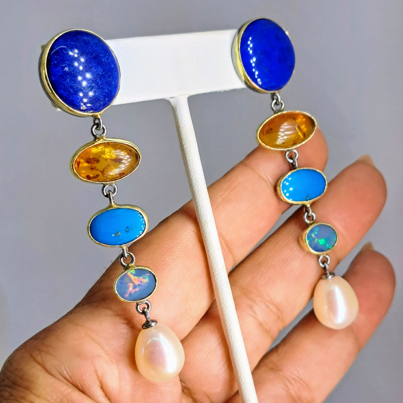 "Sunset" 3" Earrings - Lapis, Amber, Turquoise, Opal, Pearl, Gold Sterling