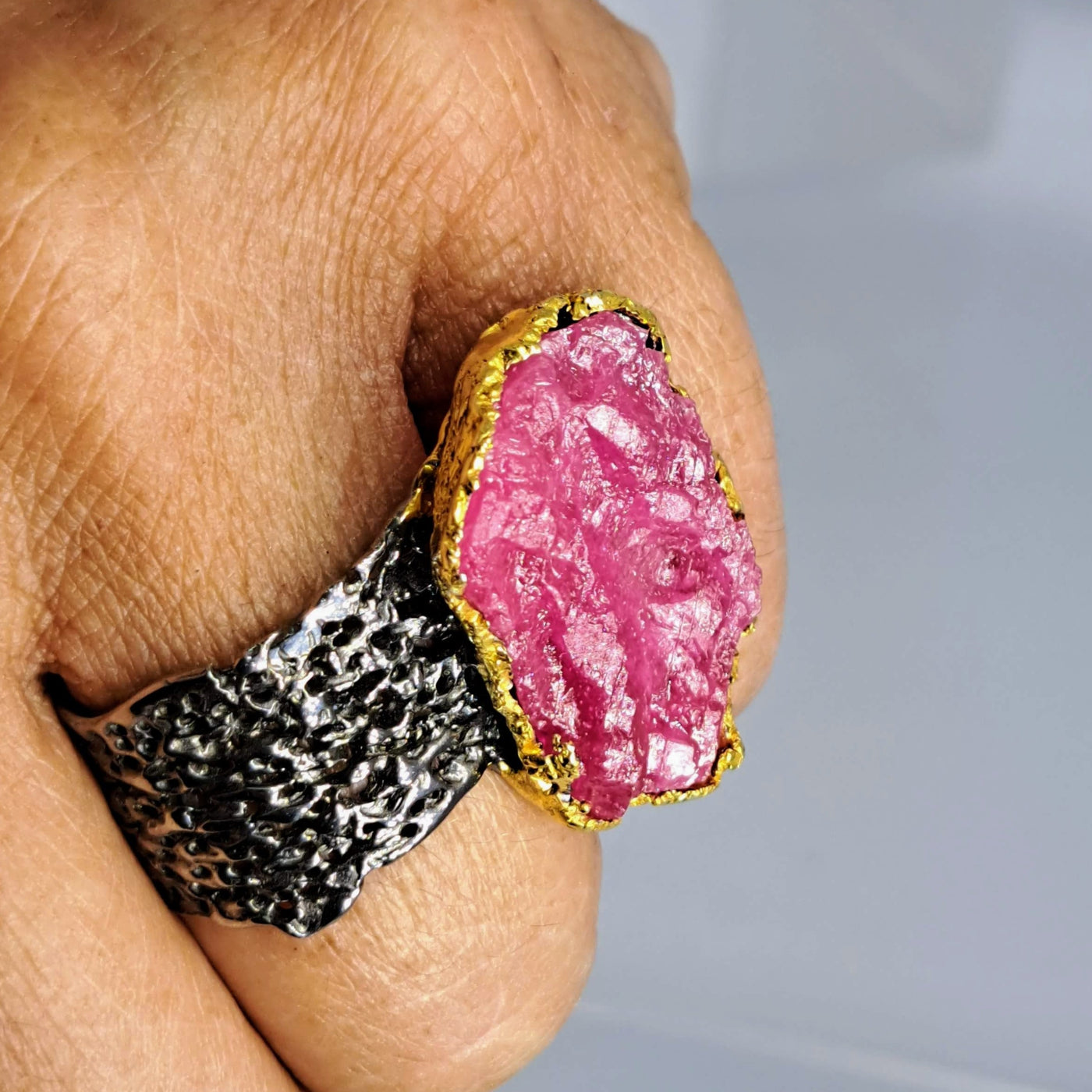 "Raw Ruby" Sz 8 Ring - Ruby, Black Sterling, 18k Accents