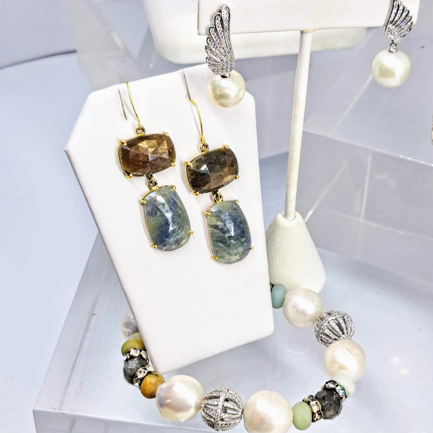 "Edgy Angel" Asymmetrical Earrings - Pearl, Crystal