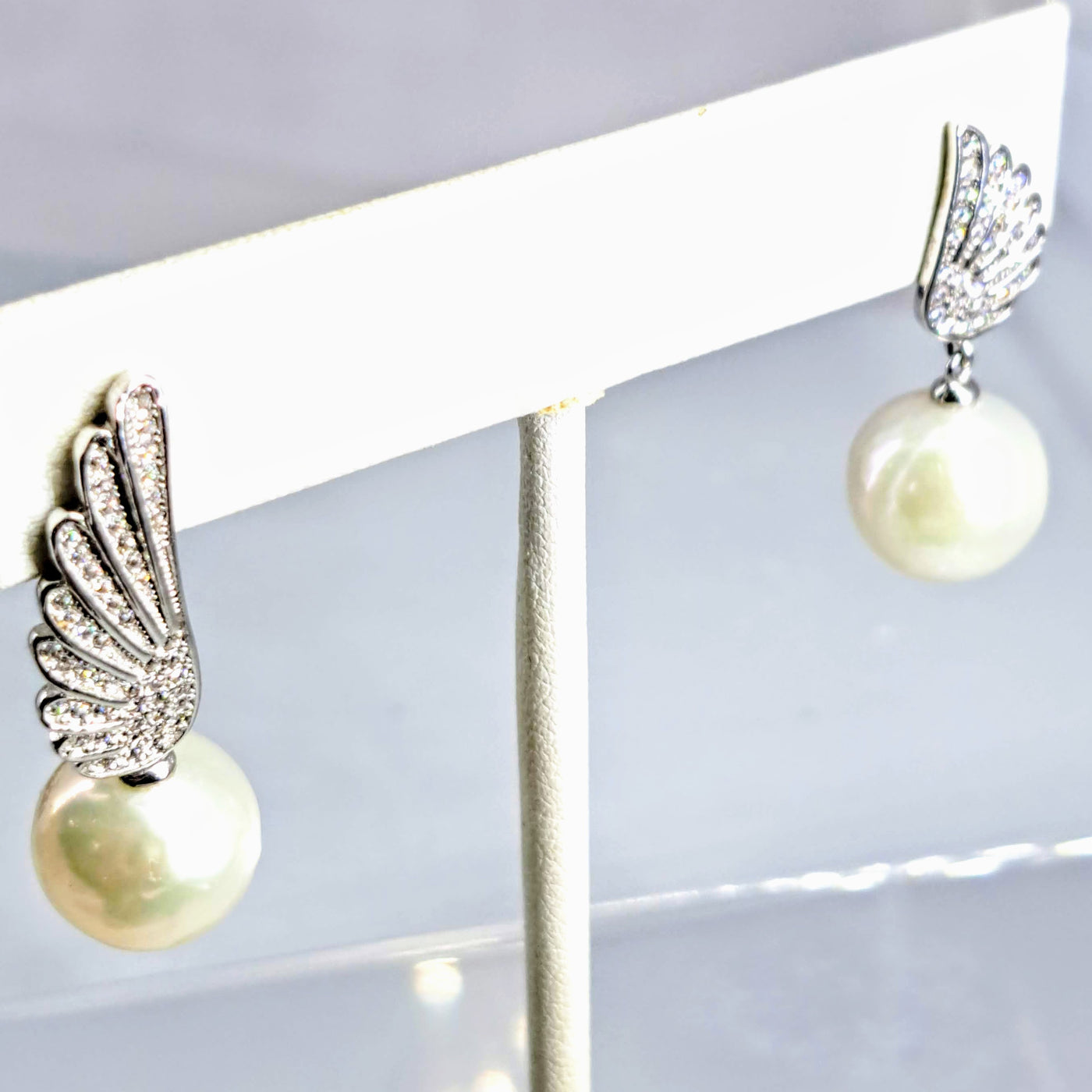 "Edgy Angel" Asymmetrical Earrings - Pearl, Crystal