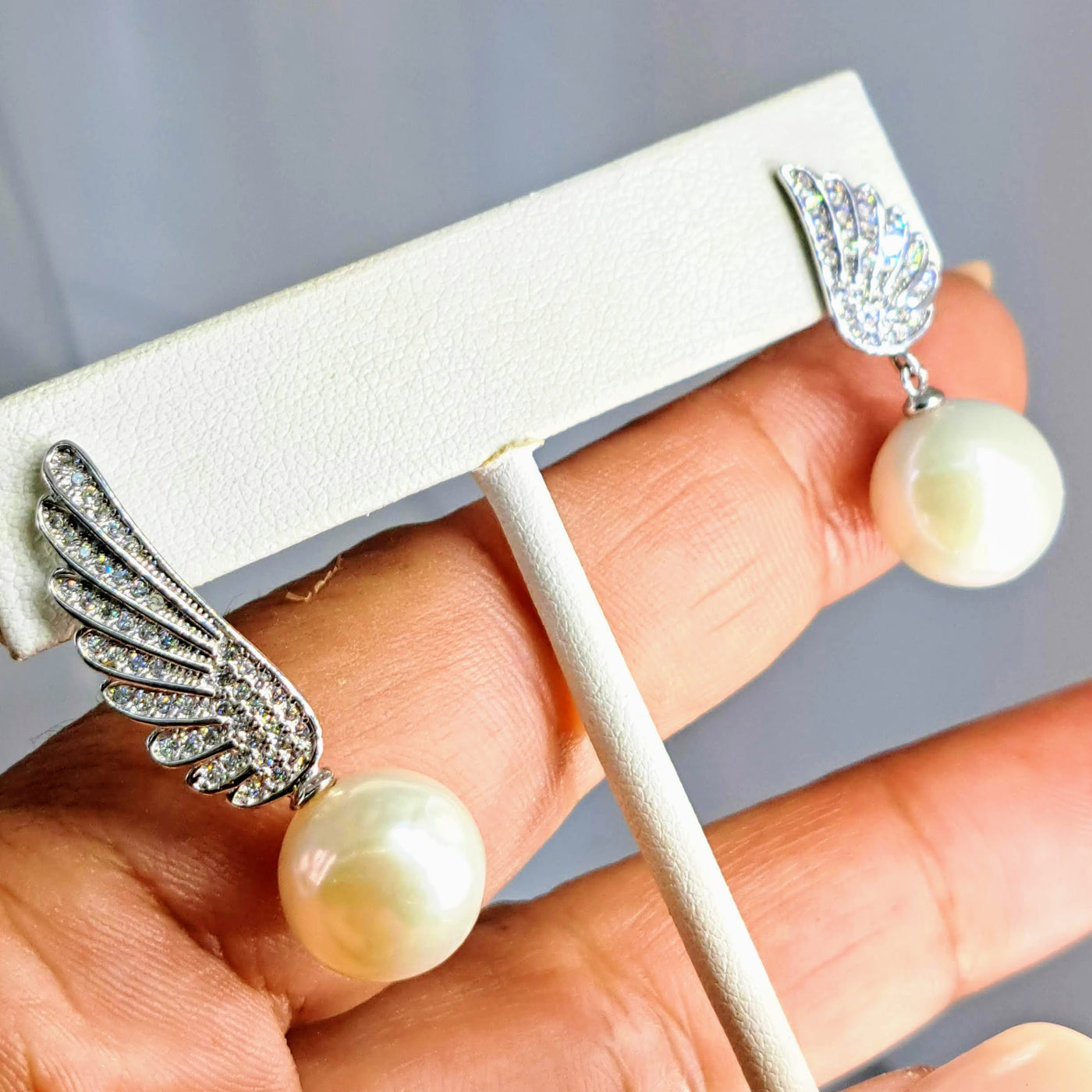 "Edgy Angel" Asymmetrical Earrings - Pearl, Crystal