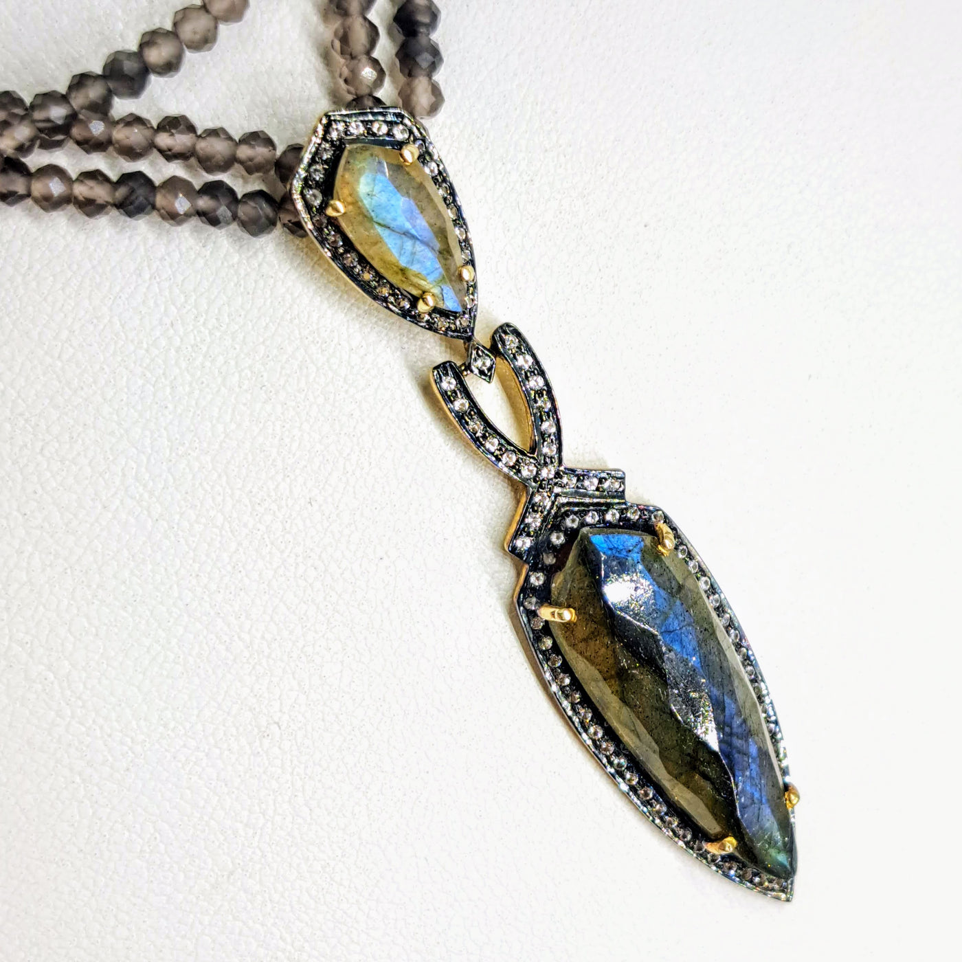 "Mid Summer Night's Dream" 16"-18" Necklace, by Barb - Labradorite, White Topaz, Agate, Sterling with Gold & Black Rhodium Accents