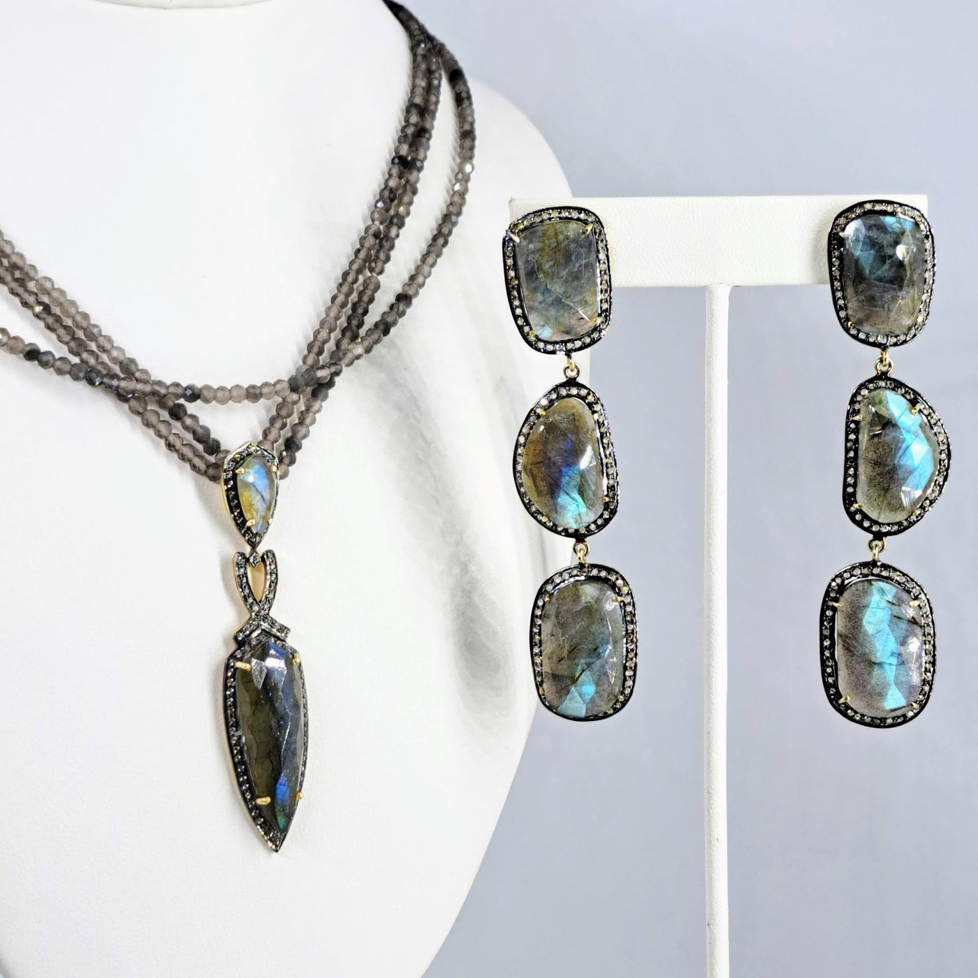 "Mid Summer Night's Dream" 16"-18" Necklace, by Barb - Labradorite, White Topaz, Agate, Sterling with Gold & Black Rhodium Accents