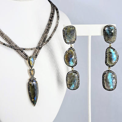 "Mid Summer Night's Dream" 16"-18" Necklace, by Barb - Labradorite, White Topaz, Agate, Sterling with Gold & Black Rhodium Accents