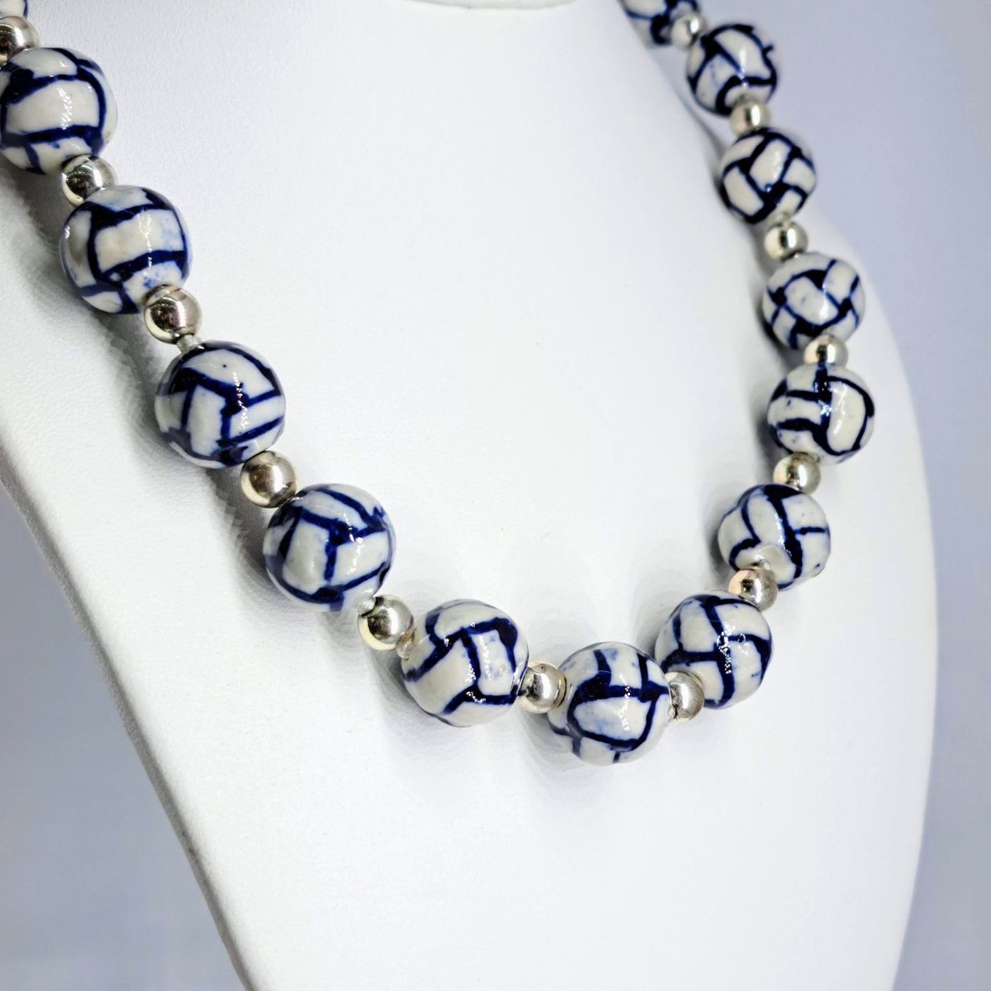 "Blue China" 18"- 20" Necklace - Porcelain, Silver, Sterling, Pearl
