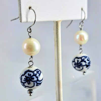 "Blue China" 2" Earrings - Pearls, Porcelain, Sterling
