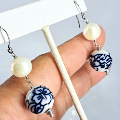 "Blue China" 2" Earrings - Pearls, Porcelain, Sterling