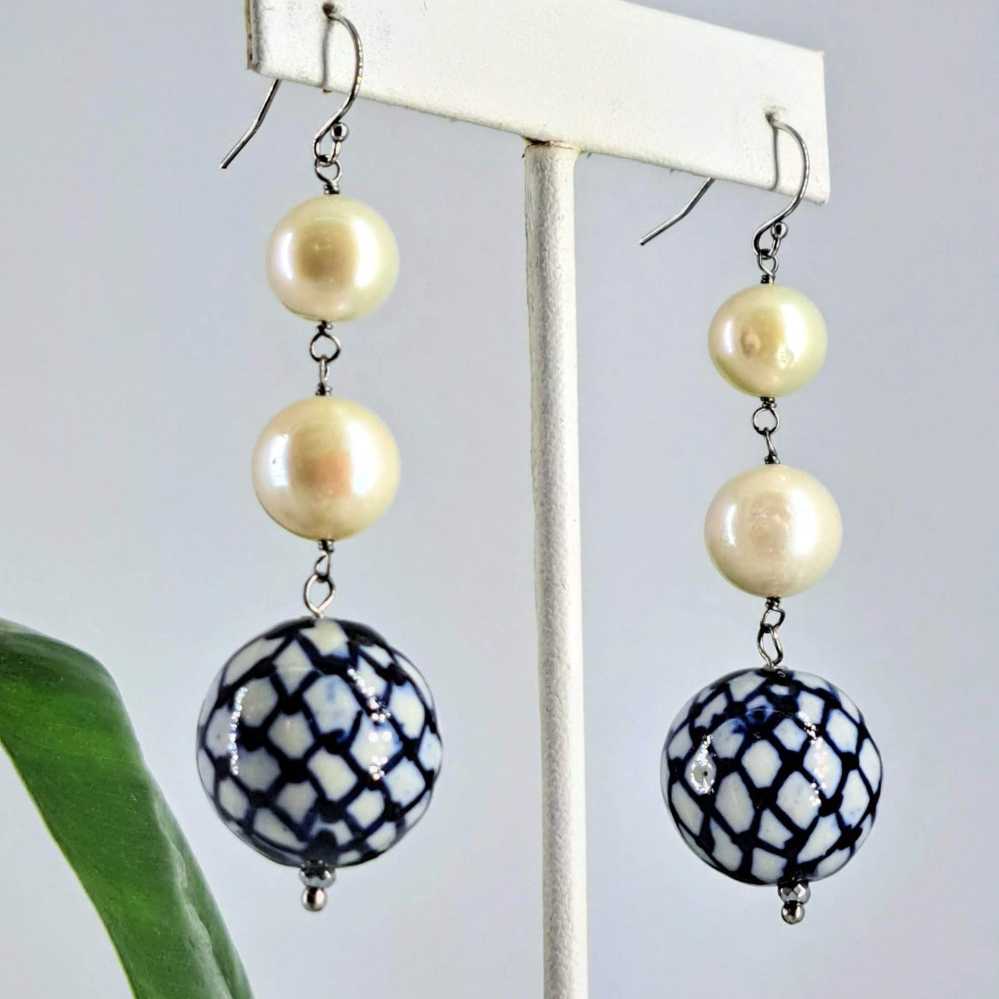 "Blue China" 2.75" Earrings - Pearls, Porcelain, Sterling