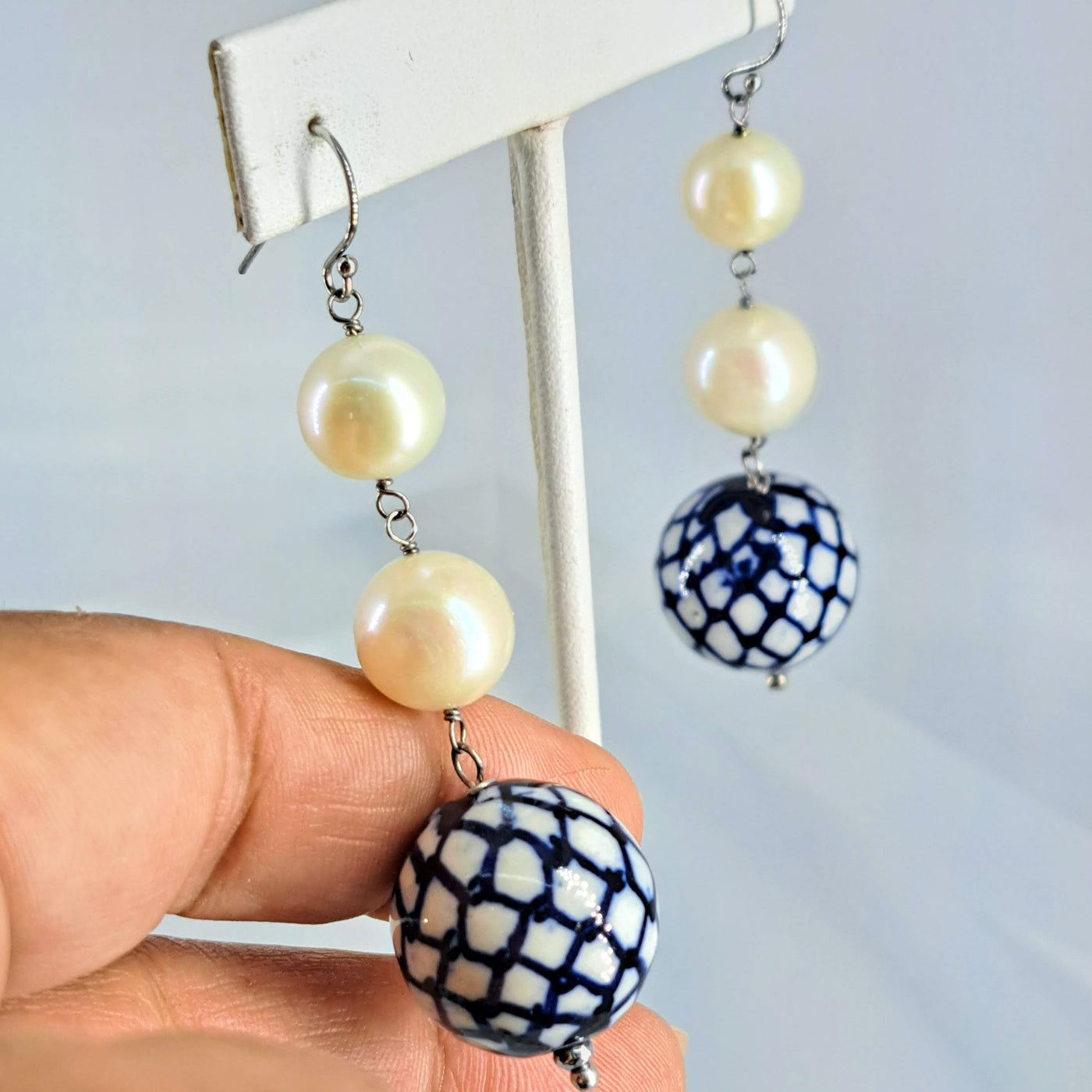 "Blue China" 2.75" Earrings - Pearls, Porcelain, Sterling